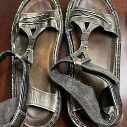 NAOT Sandals Womens 7.5 US 38 EU Leather Strappy Cork Footbed Metallic Hook and loop closure EUC   These are like new. Soles look never worn.   Howeve