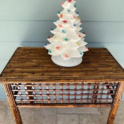 1960 Mid Century Modern Burnt Bamboo And Rattan Table With A Lattice Base    