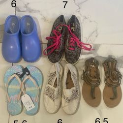 Women’s Shoes, Sizes 5, 6, 6.5, 7, flats, sandals, clogs, sneakers, etc. please see photo for sizes. Some are Lightly worn, some brand new. Still in g
