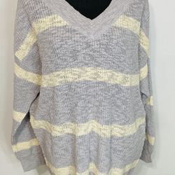 NEW Women's Plus 0X Lightweight Sonoma Pullover Sweater Lt Gray W/Cream Stripes