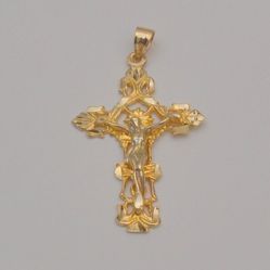 14K Yellow White Gold Lord Crucifix Cross Religious Charm Pendant 1.5 inches
