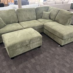 Green Sectional And Ottoman 