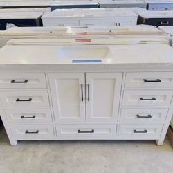 Single Sink Bathroom Vanity “60” in White Color with Black Handles and Marble Top in White  $919 