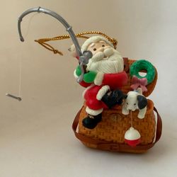 Vintage Santa Claus Fishing Christmas Ornament w/Dog Picnic Basket Fisherman 2”