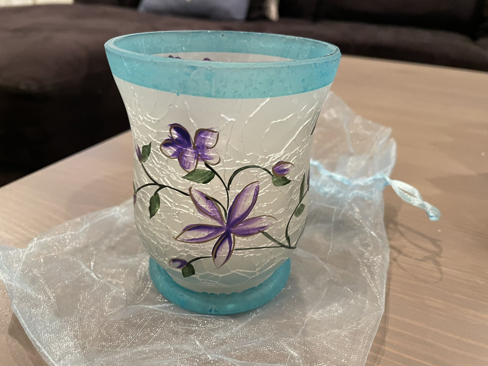 Purple Flower Glass Flameless Candle Holder w/ Flameless Candle