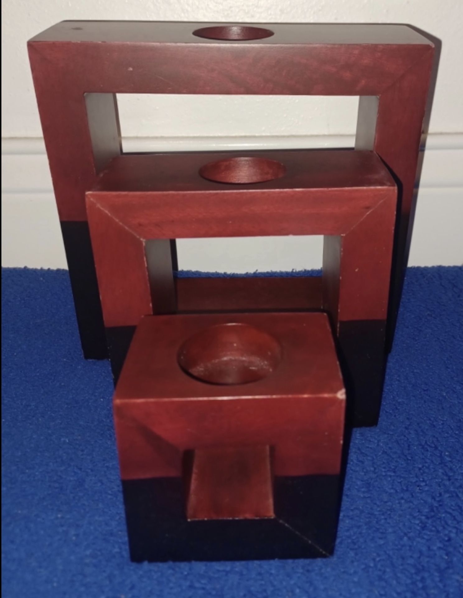 HANDMADE WOOD RED AND BLACK (3) PIECE CANDLE HOLDER SET- LIKE NEW