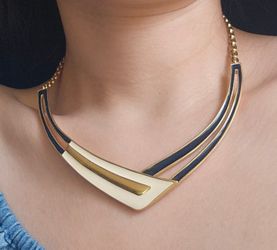 Lovely Black and Cream Vintage Monet Bib Style Necklace with Gold Enamel trim