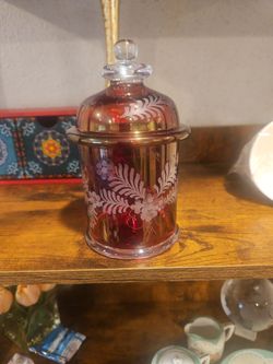 Ruby Red Glass Jar with Etched Floral Lid