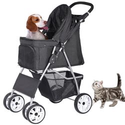 Foldable Pet Stroller, Cat/Dog Stroller with 4 Wheel, Pet Travel Carrier Strolling Cart with Storage Basket, Cup Holder (Black)