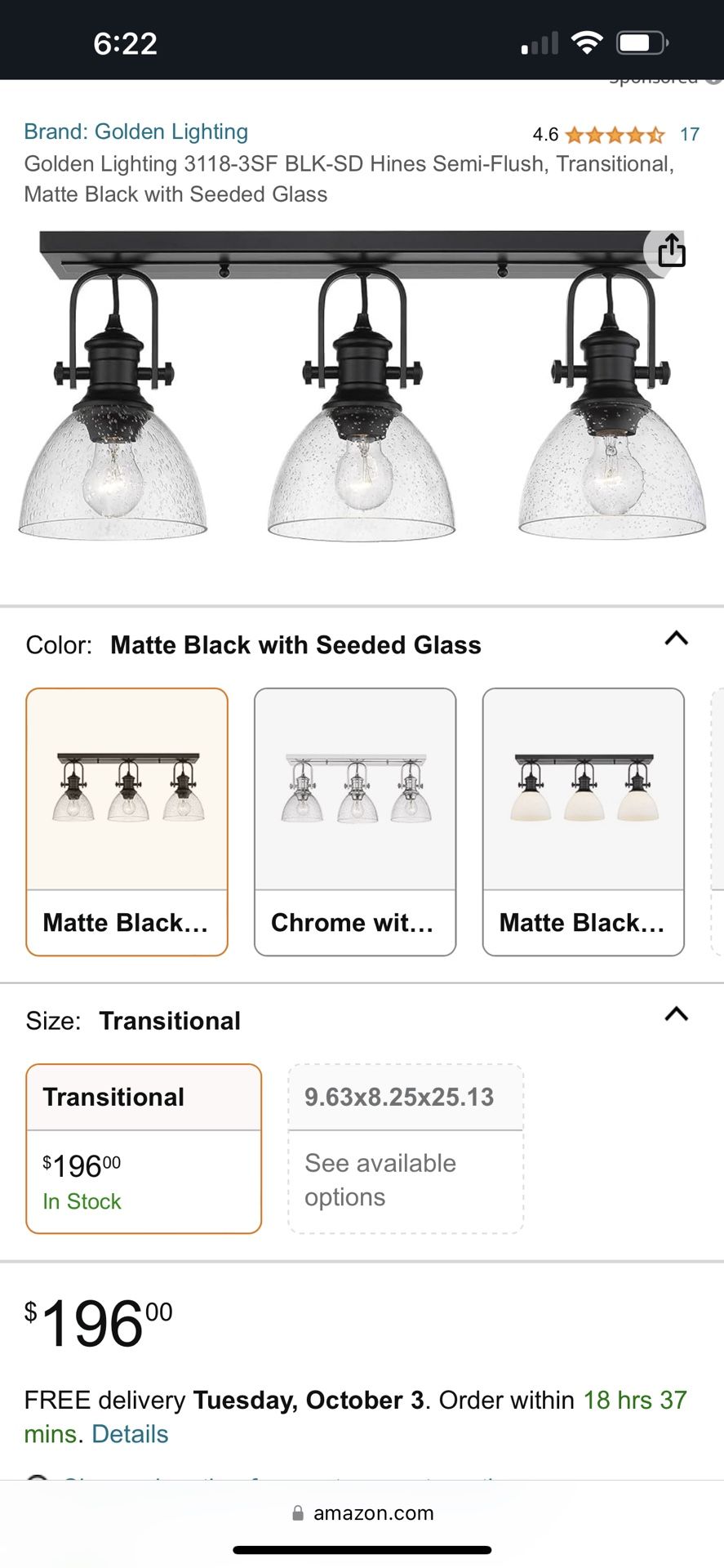 Golden Lighting 3118-3SF BLK-SD Hines Semi-Flush, Transitional, Matte Black with Seeded Glass