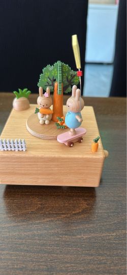 Wooden Bunny Music Box with Figurines