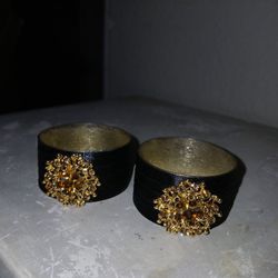Gold Tone Filigree Amber Rhinestone Napkin Rings 