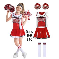 Girls Red Cheer Cheerleading Uniform Costume 8-9 School Halloween