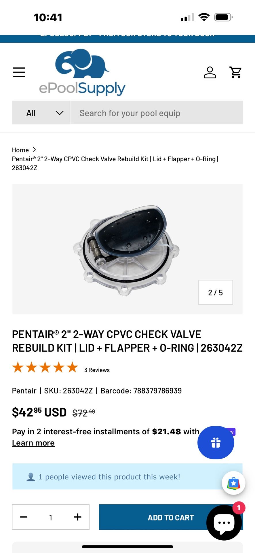 $10-PENTAIR® 2" 2-WAY CPVC CHECK VALVE REBUILD KIT | LID + FLAPPER + 0-RING | 263042Z