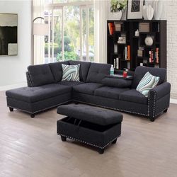 Grey Linen Sectional Couch With Ottoman 