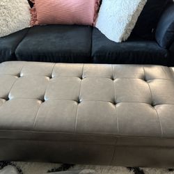 Lg Rectangular Grey Leather Ottoman 