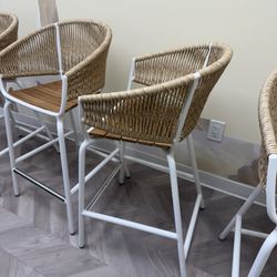 Set of 4 Modern Woven Bar Stools – White Frame + Natural Rope