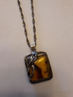 Lg. Amber stone in sterling w. Sterling chain