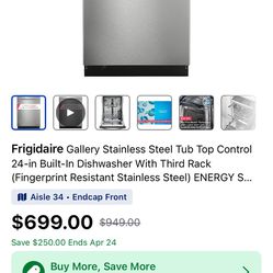 Brand New Frigidaire Gallery Stainless Tub Top Control 24in Dishwasher Third Rack 