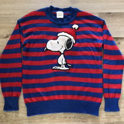 Peanuts Sweater Women Size XS Red Blue Pullover Striped Snoopy Christmas   