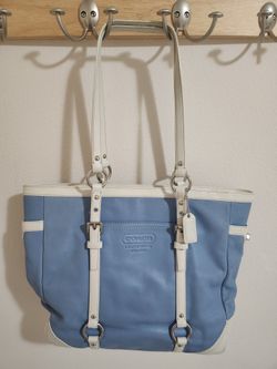 Coach Light Blue & White Leather Tote Bag