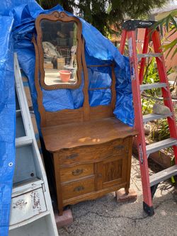 Antique Tiger Oak COMMODE - Wishbone Mirror & Serpentine Front