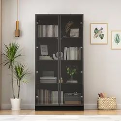 Black Wood Display Cabinet With Tempered Glass Doors and 3-Color LED Lights