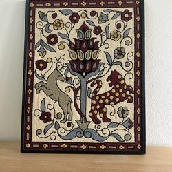 Framed Kashmiri Style Needlepoint Tapestry Wall Hanging with Tree of Life