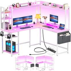 Aheaplus L Shaped Desk with Power Outlet, L Shaped Gaming Desk with Led Light & Hutch, Reversible