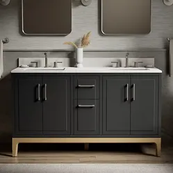 Kohler Tio 60" double-sink bathroom vanity cabinet in dark gray with a white quartz top.