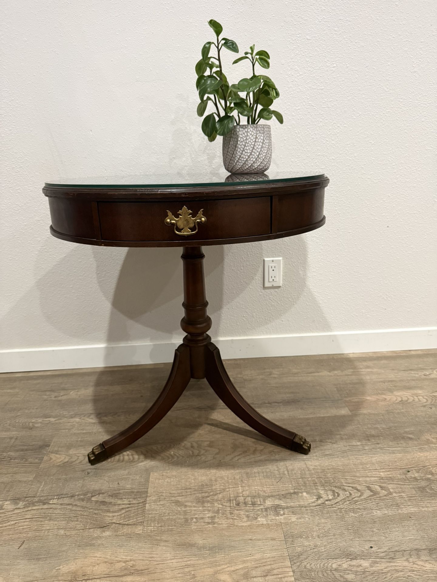 AMIABLE side table - drum style - one drawer - pedestal - mahogany - glass top - delivery available