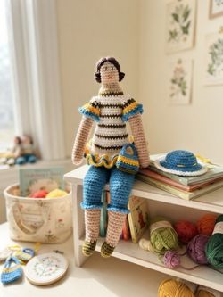 Handmade Tilda Style Crochet Girl Doll 16" Blue/Yellow Outfit Hat Bag New Rare