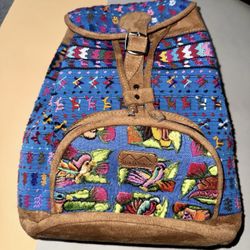 Leather Backpack Birds Embroidered Boho Tribal Drawstring Buckle Guatemala