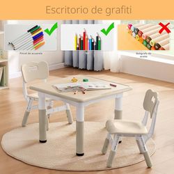 Children's Table and Chair Set (2 Chairs) with Adjustable Height for Ages 2-8 | Non-Slip Toddler Activity Table with Easy-Clean Desktop, Montessori Ta