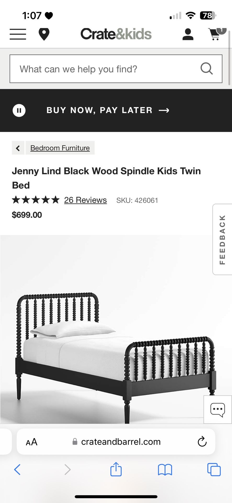 Crate & Kids Jenny Lind Black Wood Spindle Kids Twin Bed