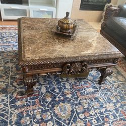 Elegant Marble Top Coffee Table – Solid Wood Base 