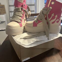 Women’s Platform High-Top Sneakers Size 8–8.5 (EU 39) Pink & Cream Chunky Fashion Shoes