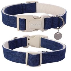 DOGWONG Cotton Hemp Dog Collar, Heavy-Duty Blue Dog Collar Adjustable Soft Natural Fabric Cute Wedding L Deep Blue Color 