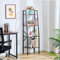 Hoctieon Ladder Shelf Bookcase, 4-Tier Industrial Tall Ladder Bookshelf with Metal Frame for Living Room, Kitchen, Home Office, Bedroom, Rustic Brown