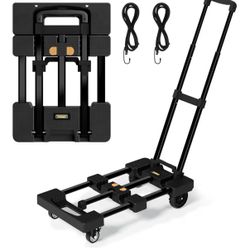 Folding Hand Truck 500 LB, Portable Heavy Duty Dolly Cart with 4 Wheels (2 with Brake) & Extendable 26" Plate, Collapsible Luggage Trolley with 2 Elas