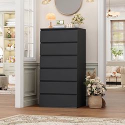 Black Dresser, 6 Drawer Dresser, Modern Tall Black Storage Chest of Drawers Wood Dressers with Metal Sliding Rail, Handleless Drawer Cabinet for Home 