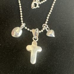 925 Sterling Silver W/ 3 Charms , Cross Pendant, Hope And Heart ❤️, 18 In . All Sterling Silver All Marked.