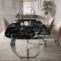 ROUND STYLE BLACK AND WHITE FAUX MARBLE DINING TABLE 63x38