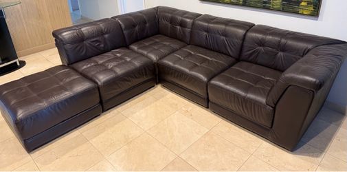 Large Dark Brown Leather Sectional Sofa + Matching Ottoman