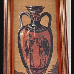 CA. NEEDLEPOINT MEDIEVAL TYPE PICTURE. APROX 12” X 20”. GREEK AMPHORA VASE. 