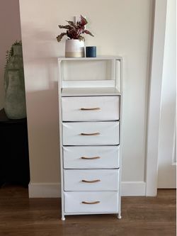 White Dresser with 5 Drawers, Vertical Storage Tower Fabric and wood Dresser