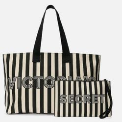 NEW VICTORIAS SECRET PINK BLACK STRIPED TOTE AND WRISTLET SET $25!!!