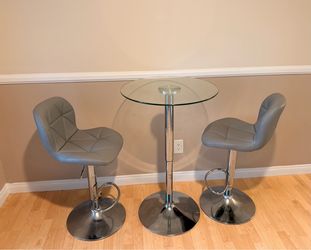 23.5 in Glass Adjustable Round Table & Set of Leather Bar Chairs