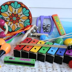 Kids Music Instruments Set #1 - Bells, Shakers, Ribbon Wands, Maracas, Drum, Harmonicas, Tambourine, High Quality Xylophone/ Bell, Etc.