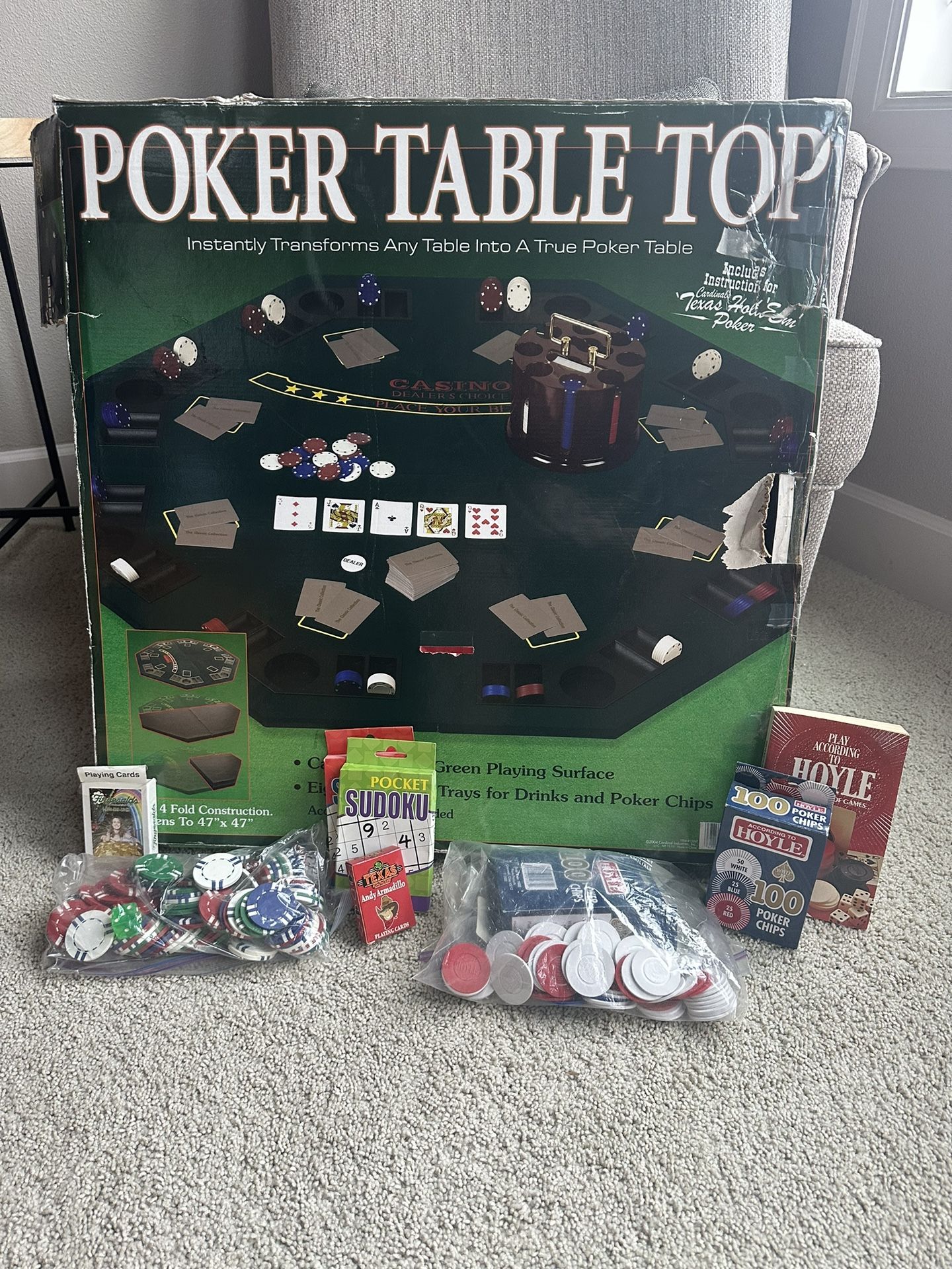 Poker Table Top With Chips, Antique Cards And Extras